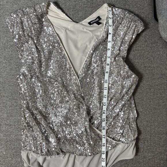 Express Womens Small  Silver Sequin Sparkly Stretchy Bodysuit Y2K Glam party - Picture 6 of 7